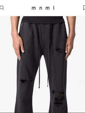 MNML Black Distressed Drawstring Joggers with Metal Ring Accents